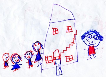 This one is my little cousin's interpretation of her family on the left, and me as "Big Cousin" on the right.